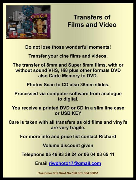 Transfer of film and video,cine films,videos,8mm films,vhs,hi8,dvd,carte memory,photo scan,cd,35mm slides,
