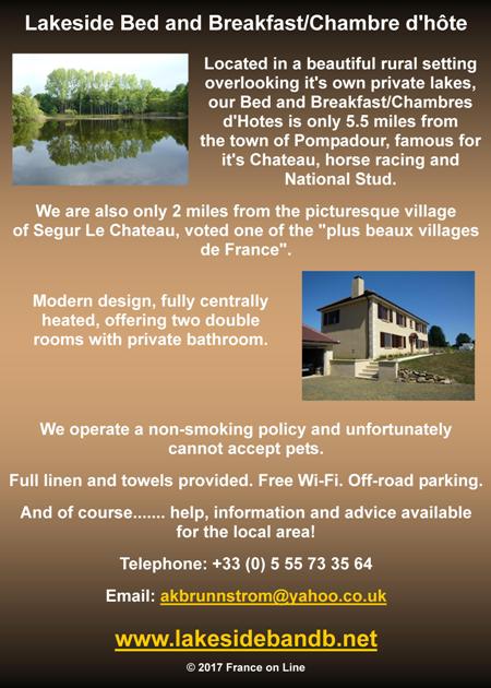 Lakeside Bed and Breakfast,Chambre d'Hote,Pompadour,Segur le Chateau,free wifi